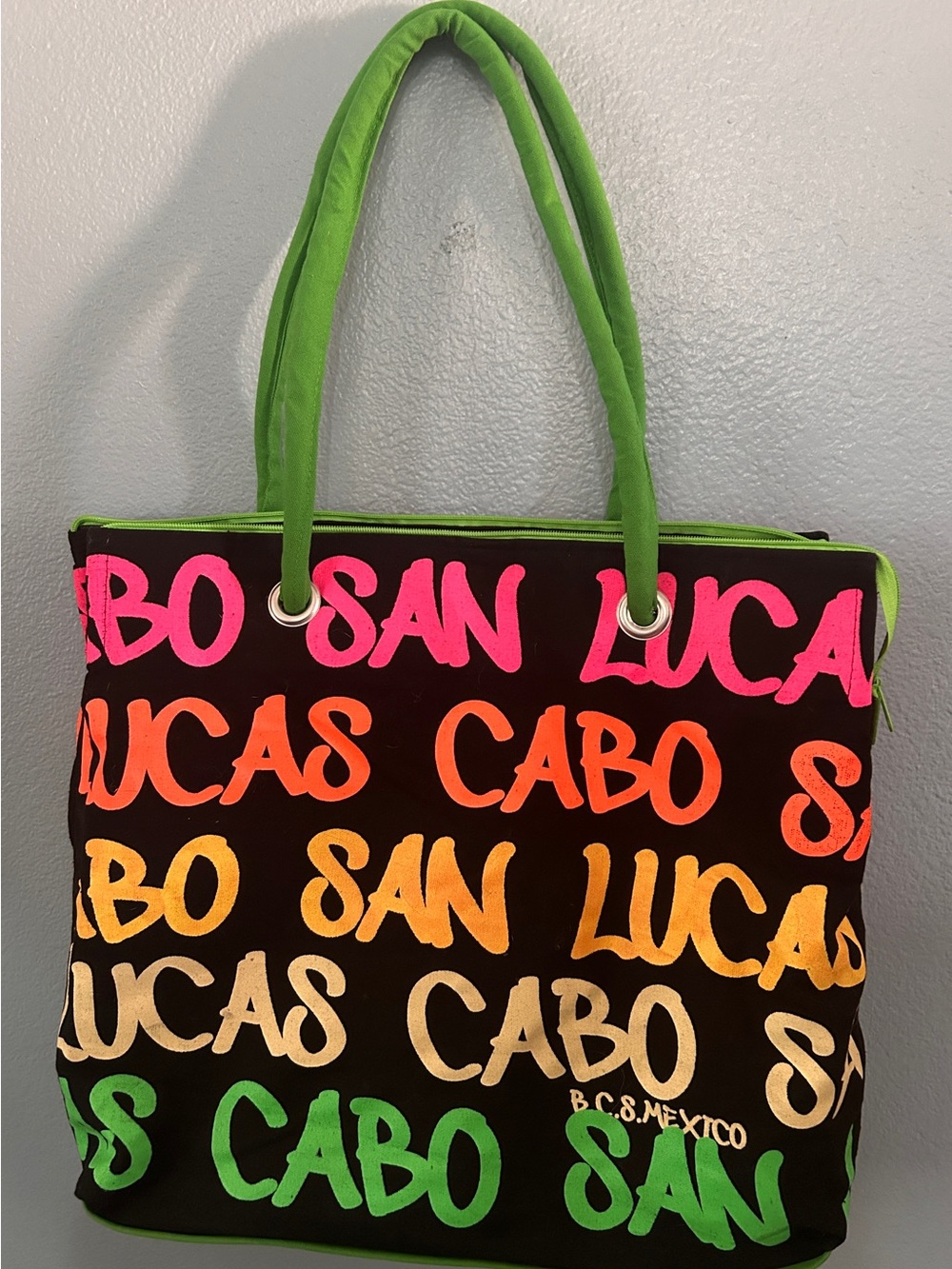 Black Printed Tote with Neon Script and Green Handles
